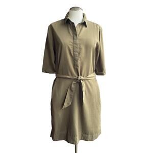 LOFT Olive Green Short Sleeve Button Front Collared Belted Shirtdress sz Small‎
